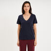 T-shirt col en V manches courtes bleu fonc&eacute; femme