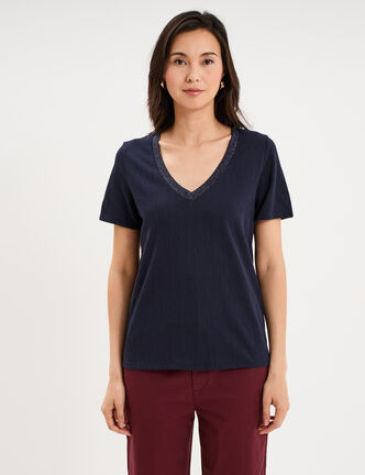 T-shirt col en V manches courtes bleu fonc&eacute; femme