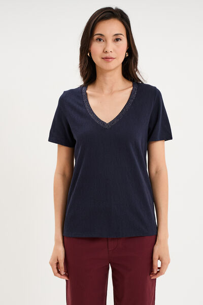 T-shirt col en V manches courtes bleu fonc&eacute; femme