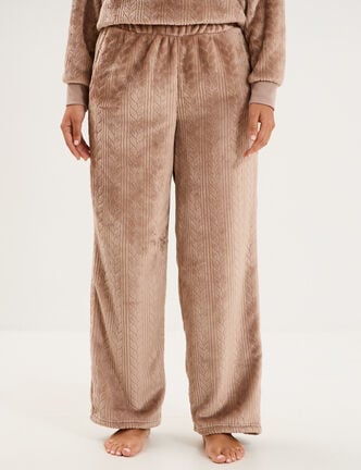 Pantalon effet polaire d&eacute;tails torsades beige femme