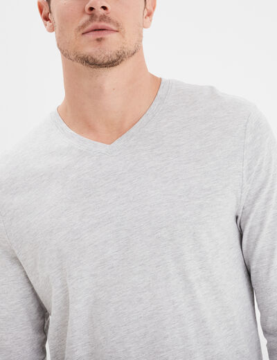 T-shirt col en V manches longues coton gris homme
