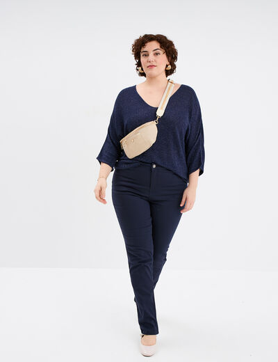 Pull manches 3/4 col en V bleu foncé femme grande taille