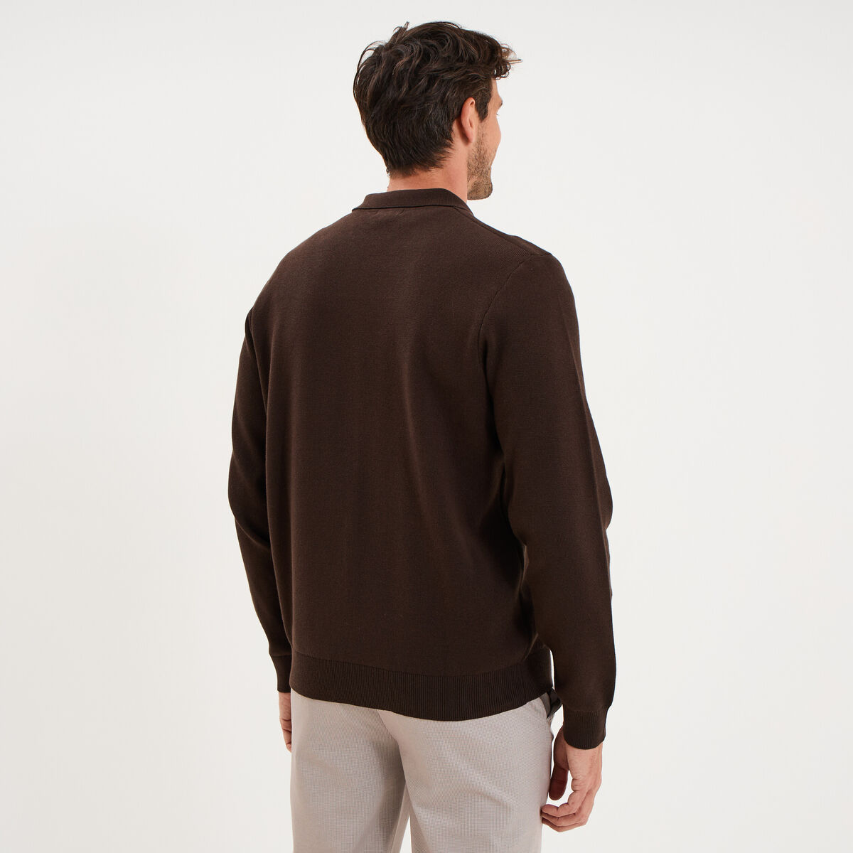 Gilet zipp&eacute; en maille manches longues marron fonc&eacute; homme
