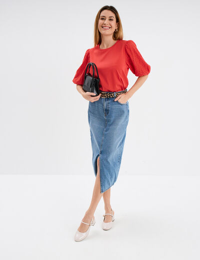 T-shirt coton manches broderie anglaise rouge femme