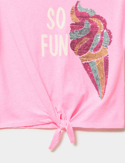 T-shirt nou&eacute; sequins manches courtes rose fluo fille