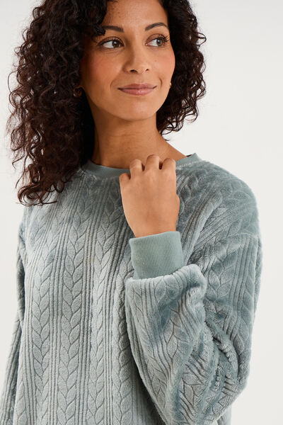 Haut de pyjama sweat polaire torsad&eacute; bleu gris femme