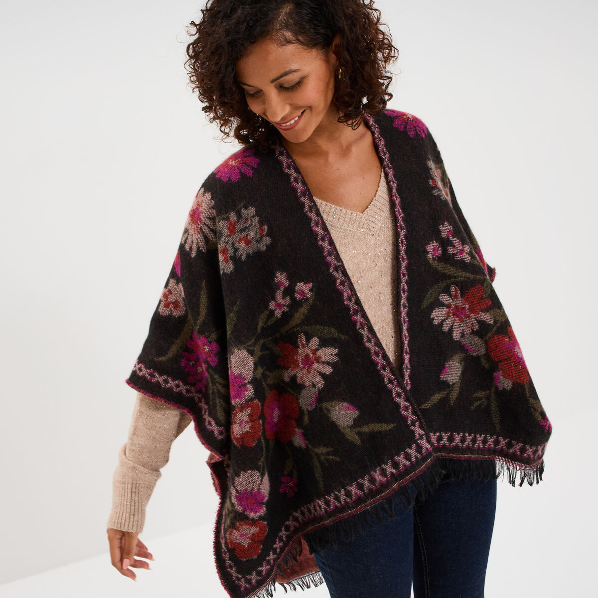 Poncho mi-long avec franges multicolore femme