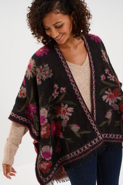 Poncho mi-long avec franges multicolore femme