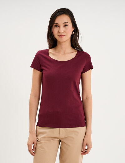 T-shirt coton col rond manches courtes bordeaux femme