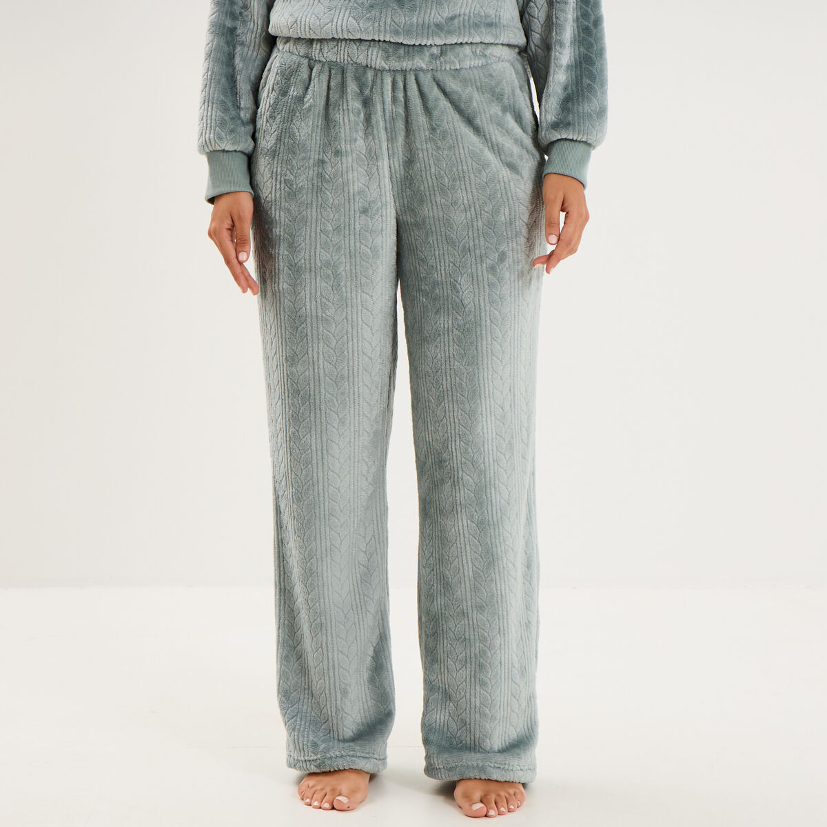 Pantalon effet polaire d&eacute;tails torsades bleu gris femme