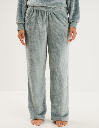 Pantalon effet polaire d&eacute;tails torsades bleu gris femme
