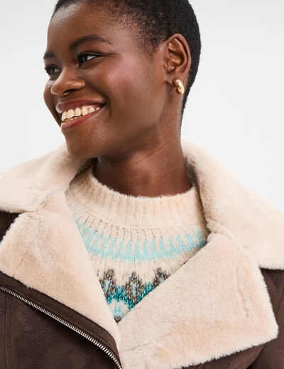 Veste col aviateur zipp&eacute;e doubl&eacute;e marron fonc&eacute; femme