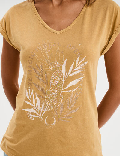 T-shirt coton col en V manches courtes beige moyen femme