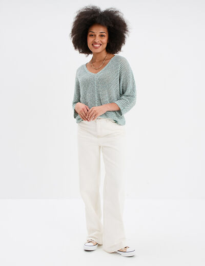 Pull ajouré effet crochet manches 3/4 bleu gris femme
