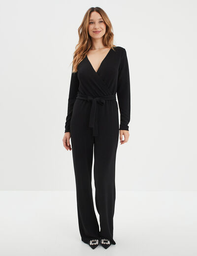 Combinaison pantalon ceinturée nouée noir femme