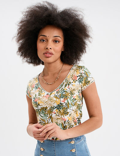 T-shirt col V droit manches courtes blanc femme