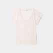 T-shirt col en V à bandes dentelle beige femme