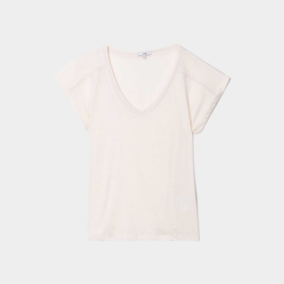 T-shirt col en V à bandes dentelle beige femme