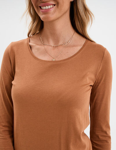 T-shirt coton col rond manches longues marron clair femme