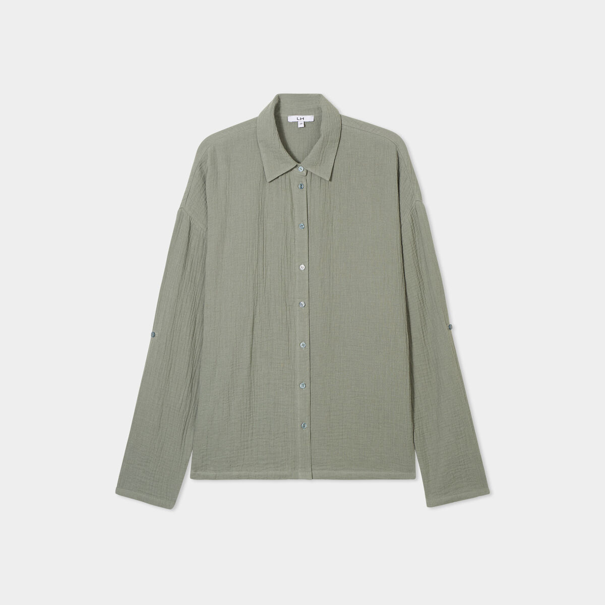 Chemise manches longues en gaze de coton vert kaki femme