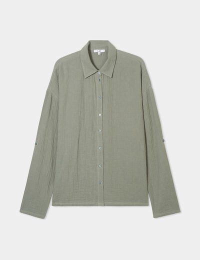 Chemise manches longues en gaze de coton vert kaki femme