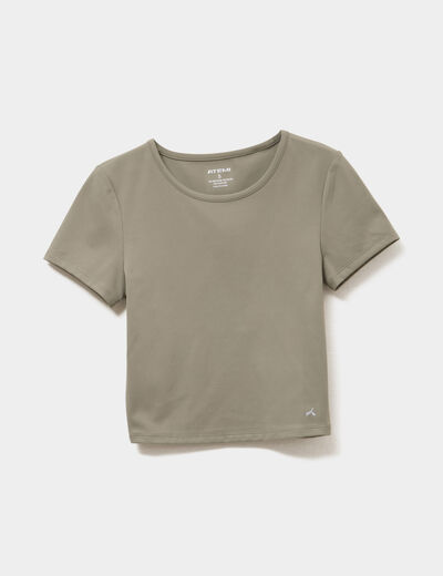 T-shirt de sport court ajust&eacute; vert kaki femme
