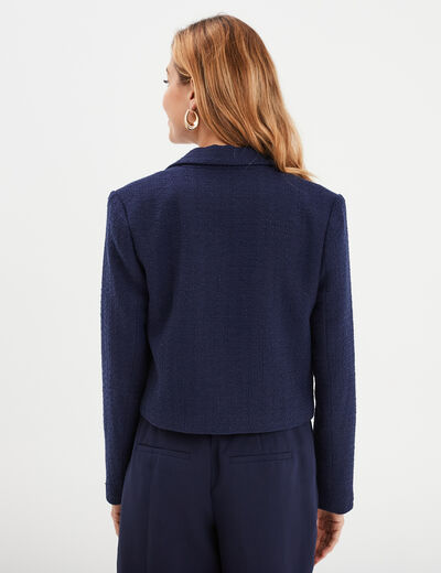 Veste courte tweed col tailleur bleu marine femme