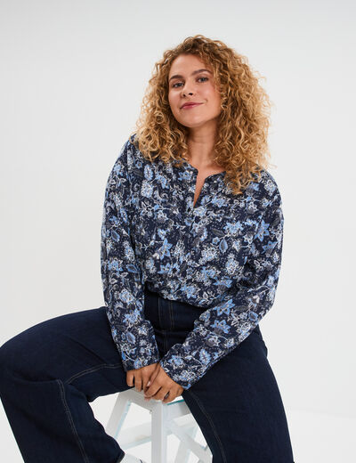 Chemise col mao Modavista bleu marine femme grande taille