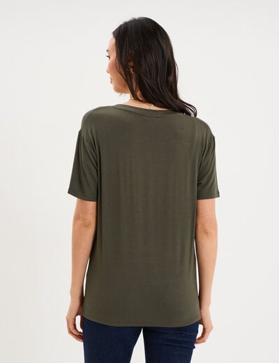 T-shirt fluide col en V manches courtes vert kaki femme
