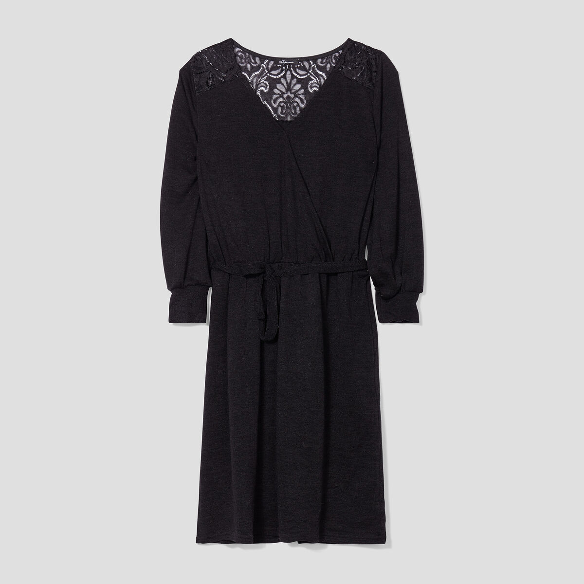 Robe pull courte ceinturée dos dentelle noir femme