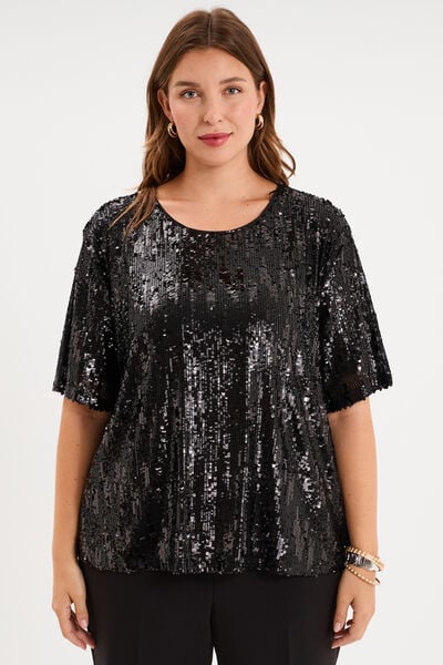 T-shirt sequins manches courtes loose noir femme grande taille