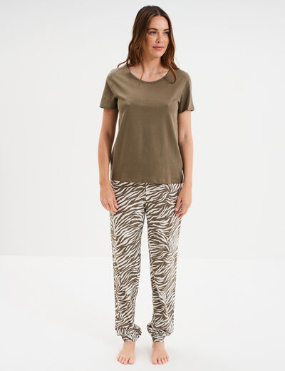 Ensemble pyjama pantalon t-shirt coton vert kaki femme