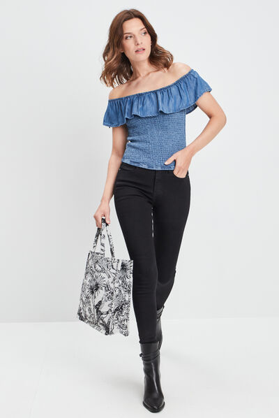 Blouse manches courtes col bardot denim bleach femme