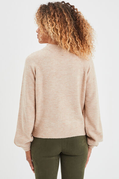 Pull avec perles et manches ballons beige femme
