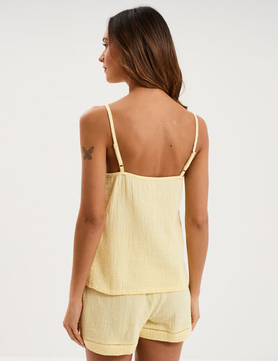 Haut de pyjama d&eacute;bardeur gaze de coton jaune clair femme