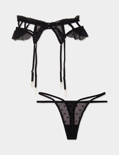 Ensemble porte-jarretelle et string noir femme
