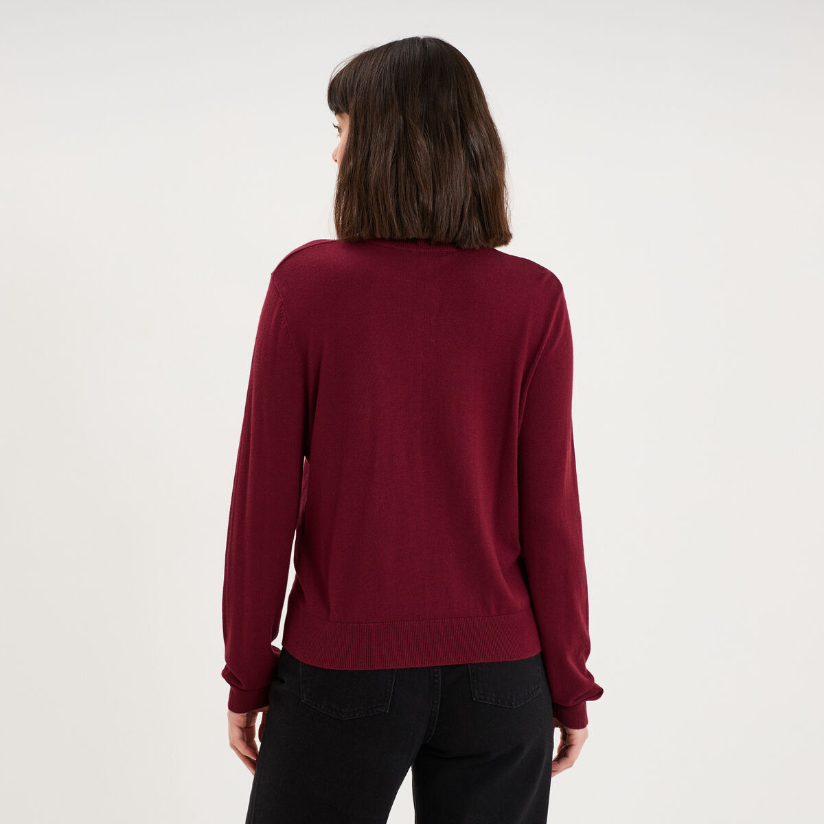 Gilet col rond manches longues bordeaux femme