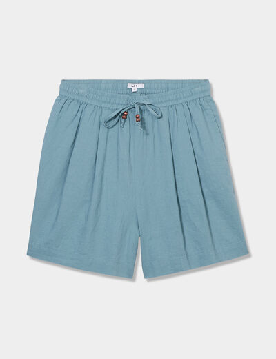 Short large lin mélangé à coulisse bleu gris femme