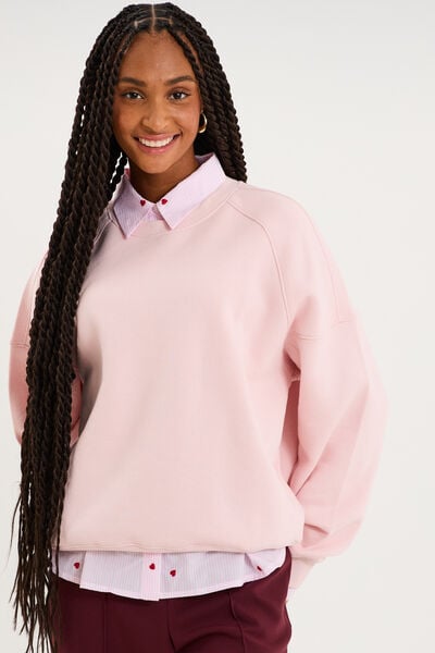 Sweat col rond oversize manches longues rose pastel femme