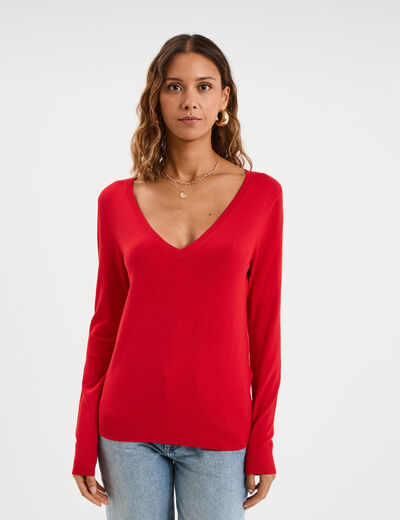 Pull col en V manches longues rouge femme