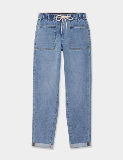 Jean droit taille élastiquée 7/8ème denim stone femme