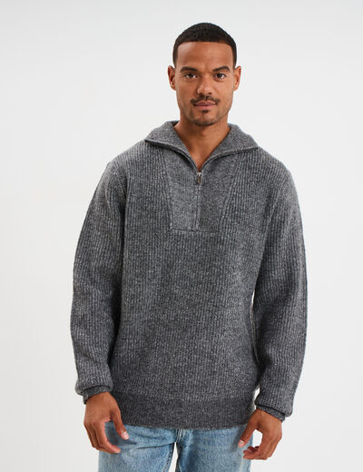 Pull avec col camionneur côtelé gris foncé homme