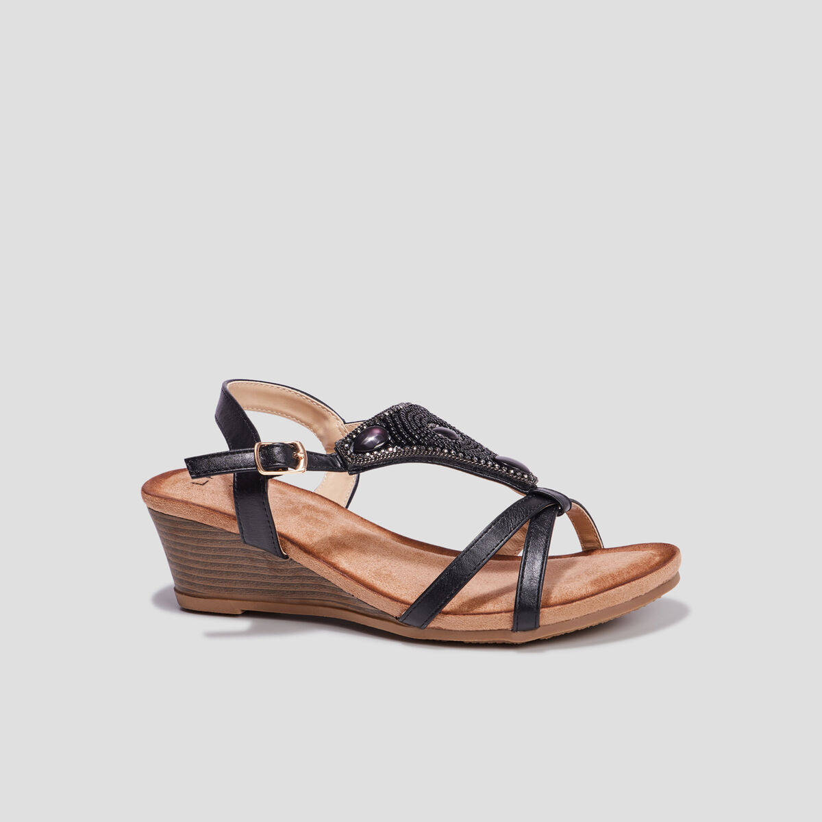 Sandales compensées bijoux et perles noir femme