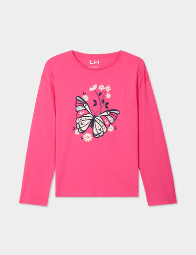 T-shirt col rond manches longues coton rose fushia fille