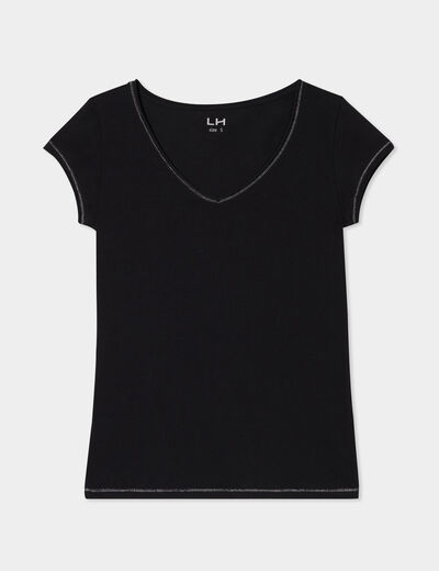 T-shirt col V ajusté manches courtes noir femme