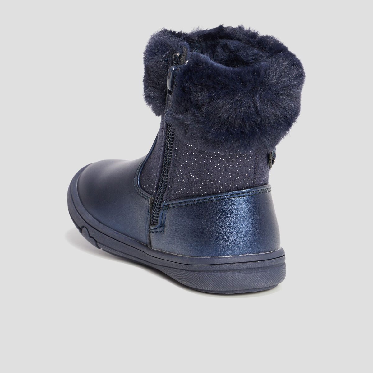 Bottines fausse fourrure et paillettes bleu marine b&eacute;b&eacute; fille