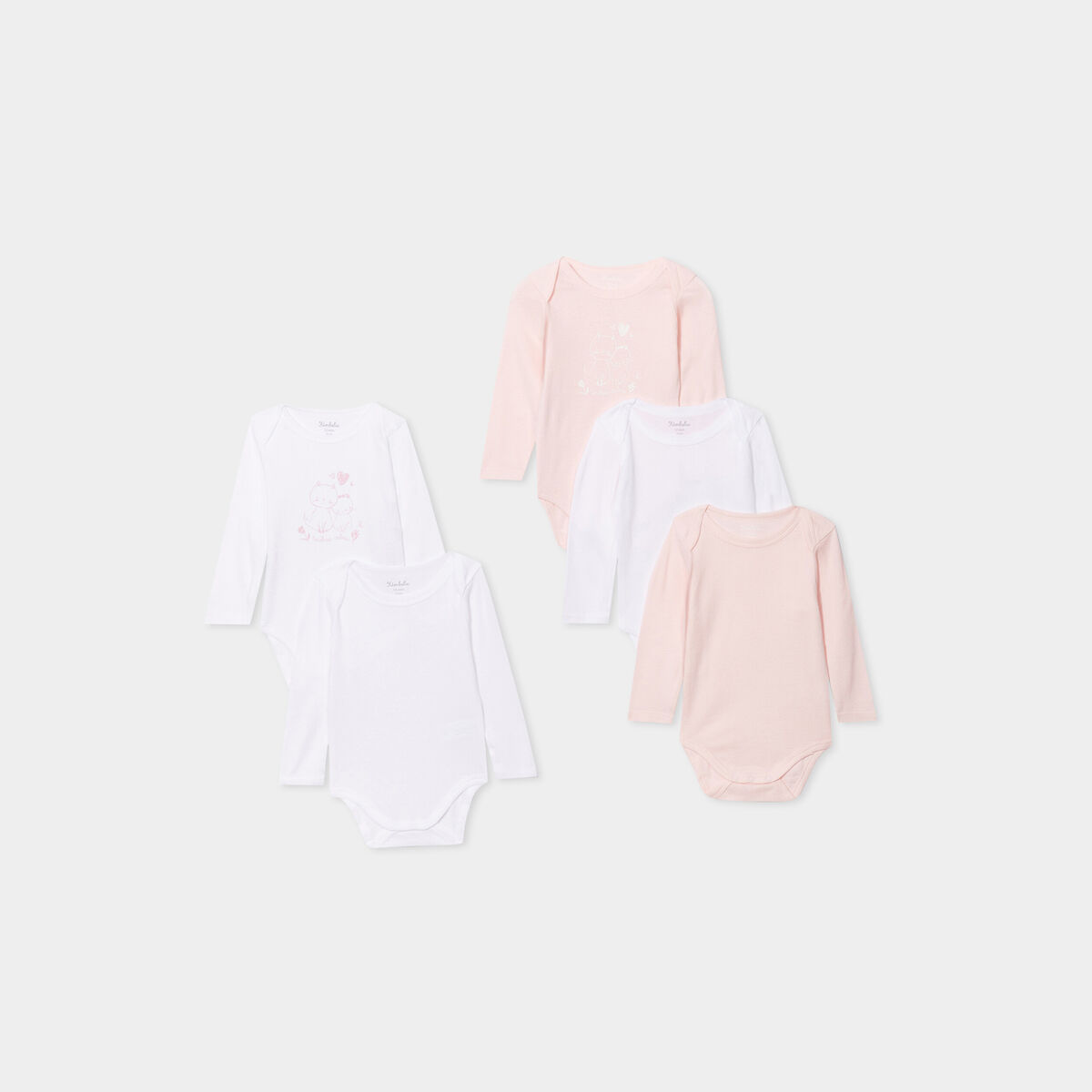 Lot de 5 bodies manches longues coton rose clair bébé fille