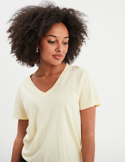 T-shirt manches courtes col en V coton jaune clair femme