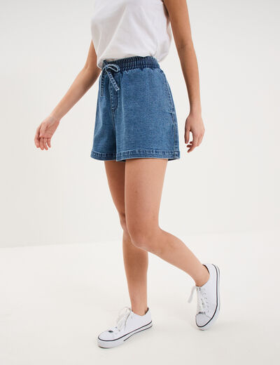 Short jogger en jean &eacute;lastiqu&eacute; denim stone femme