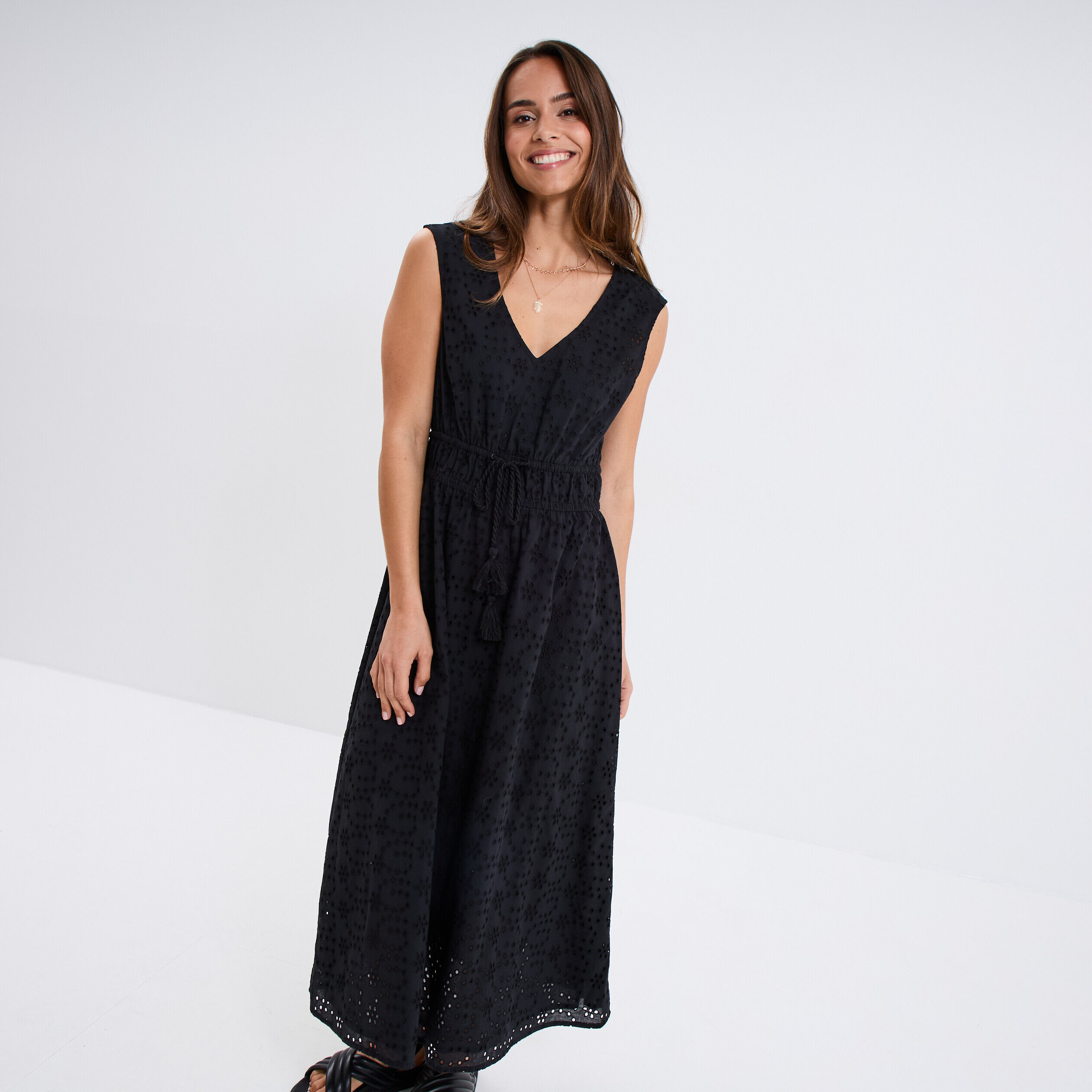 Robe midi broderie anglaise coton noir femme LH